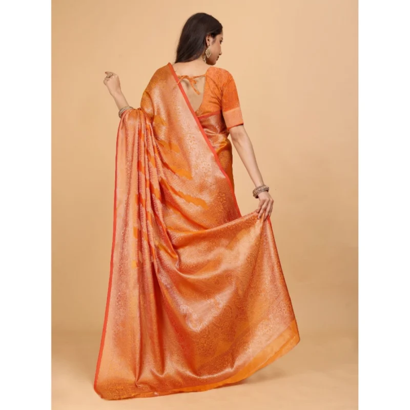 Generic Women's Organza Woven Saree With Unstitched Blouse (Orange, 5.5Mtrs) - Image 4