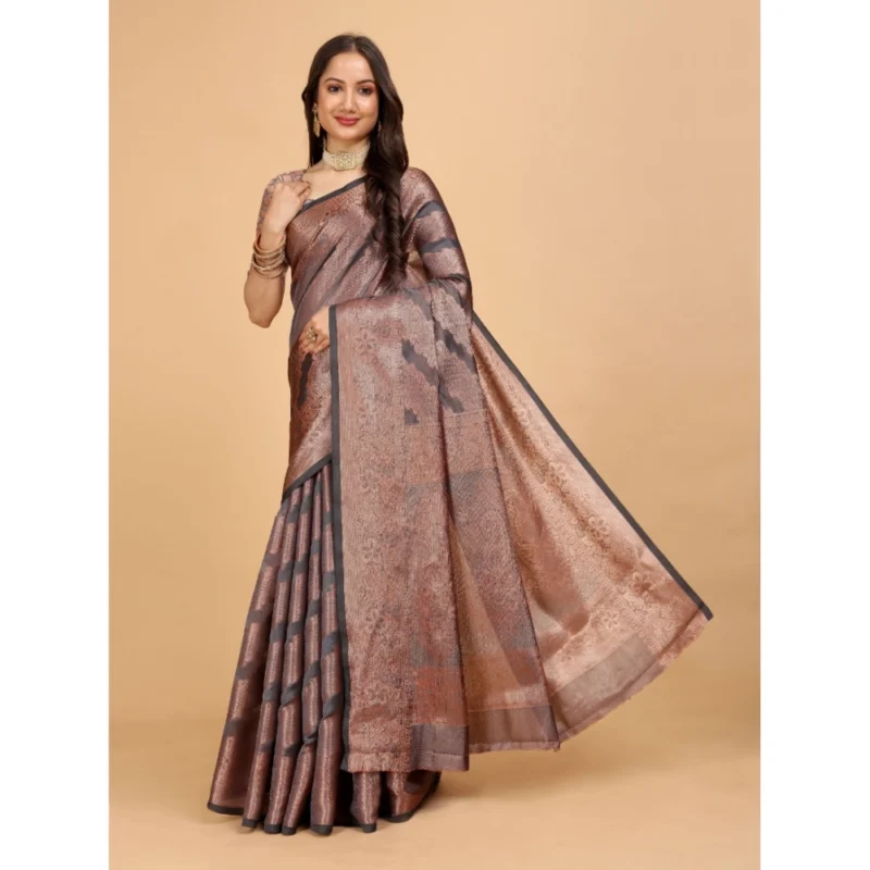Generic Women's Organza Woven Saree With Unstitched Blouse (Grey, 5.5Mtrs) - Image 3