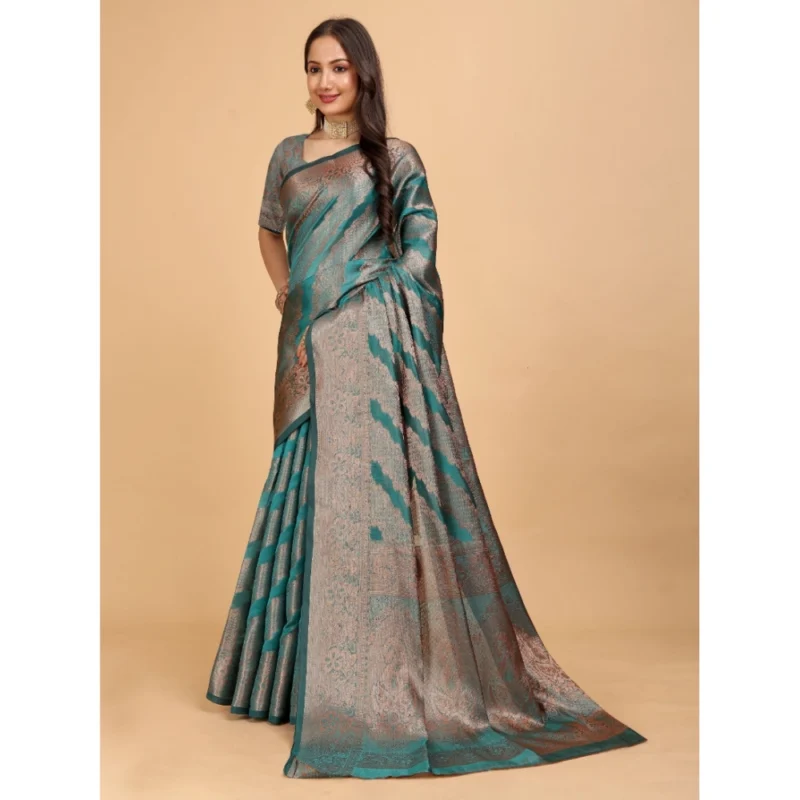 Generic Women's Organza Woven Saree With Unstitched Blouse (Green, 5.5Mtrs) - Image 3