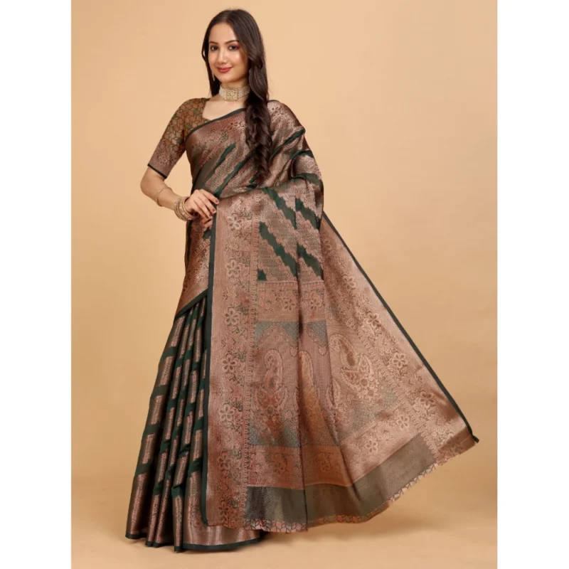 Generic Women's Organza Woven Saree With Unstitched Blouse (Dark Green, 5.5Mtrs) - Image 3