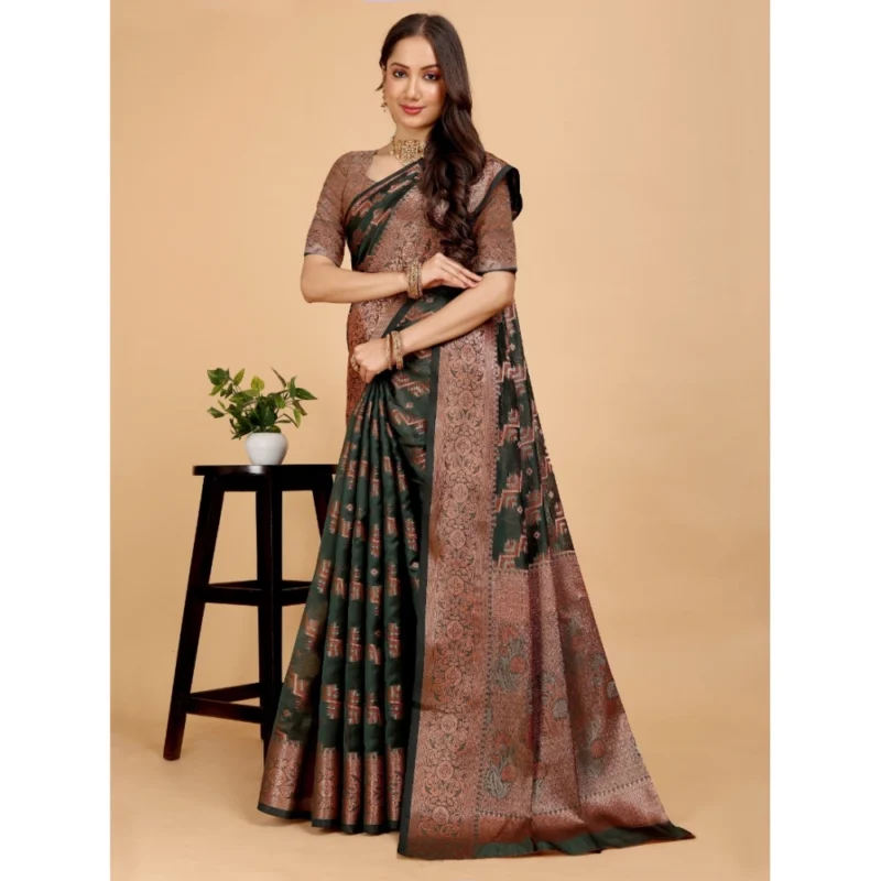 Generic Women's Organza Woven Saree With Unstitched Blouse (Dark Green, 5.5Mtrs) - Image 2