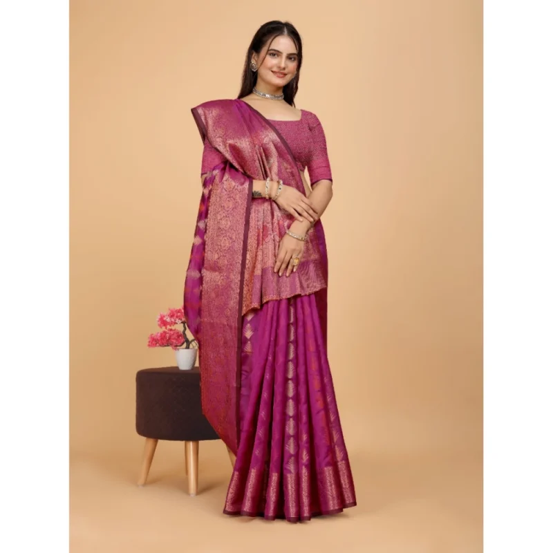 Generic Women's Organza Woven Saree With Unstitched Blouse (Pink, 5.5Mtrs) - Image 2