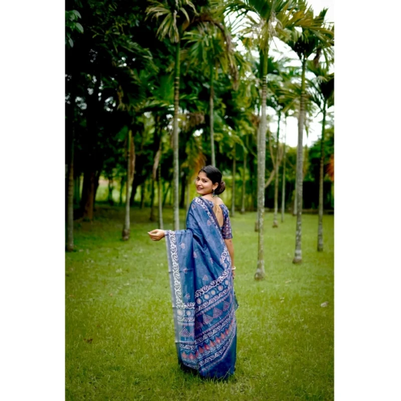 Generic Women's Cotton Printed Saree With Unstitched Blouse (Blue, 5.5 Mtr) - Image 2