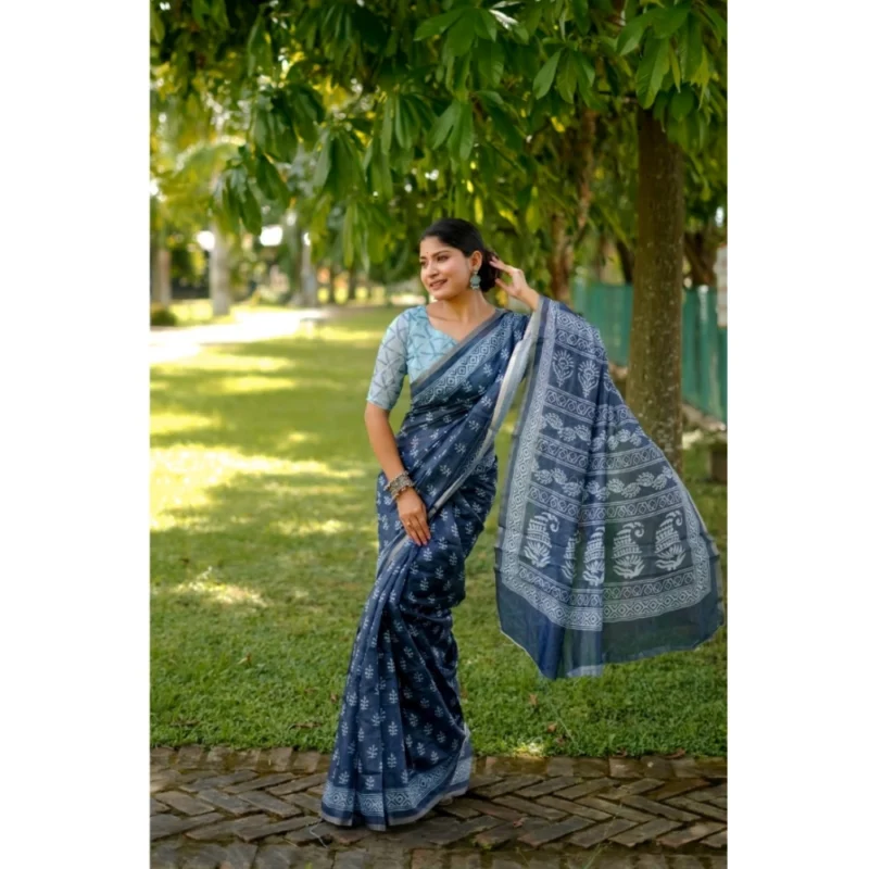 Generic Women's Cotton Printed Saree With Unstitched Blouse (Blue, 5.5 Mtr) - Image 2