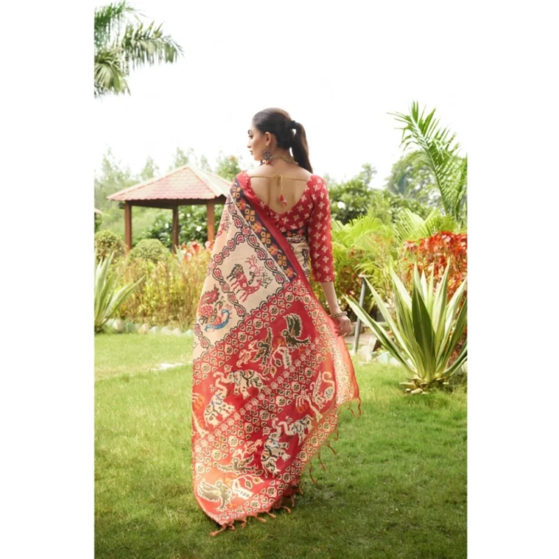 Generic Women's Tussar Silk Printed Saree With Unstitched Blouse (Maroon, 5.5 Mtr) - Image 3