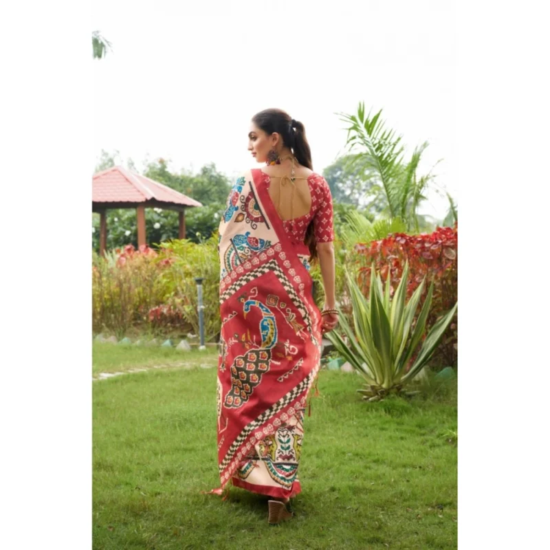 Generic Women's Tussar Silk Printed Saree With Unstitched Blouse (Maroon, 5.5 Mtr) - Image 3