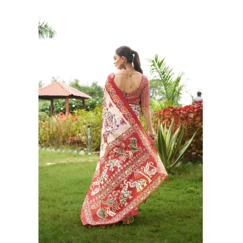 Generic Women's Tussar Silk Printed Saree With Unstitched Blouse (Maroon, 5.5 Mtr) - Image 3