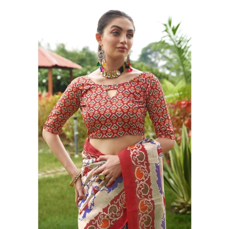 Generic Women's Tussar Silk Printed Saree With Unstitched Blouse (Maroon, 5.5 Mtr) - Image 4