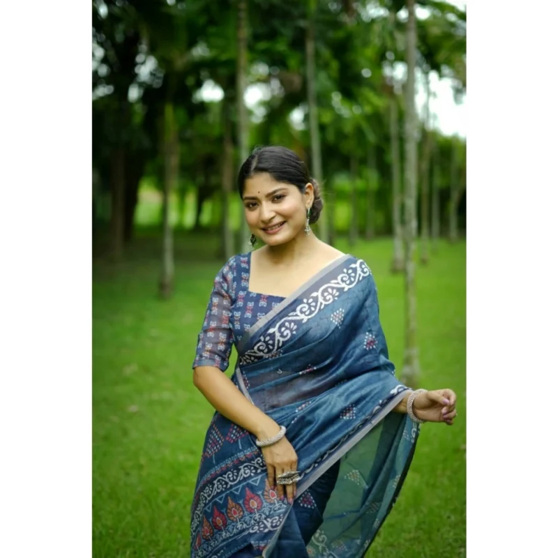 Generic Women's Cotton Printed Saree With Unstitched Blouse (Blue, 5.5 Mtr) - Image 3