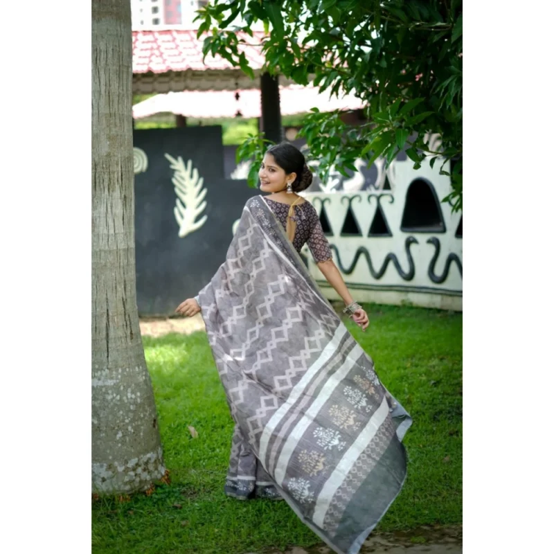 Generic Women's Cotton Printed Saree With Unstitched Blouse (Grey, 5.5 Mtr) - Image 3