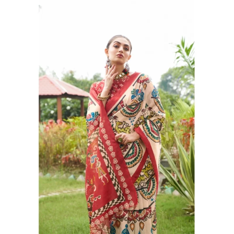 Generic Women's Tussar Silk Printed Saree With Unstitched Blouse (Maroon, 5.5 Mtr) - Image 4