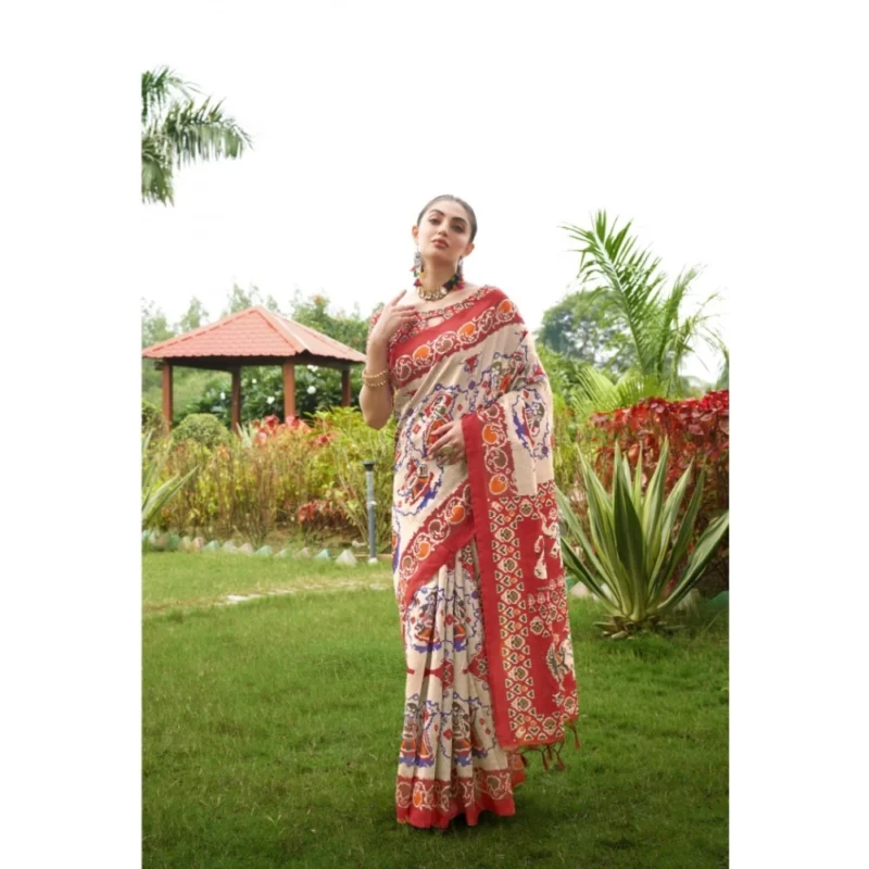 Generic Women's Tussar Silk Printed Saree With Unstitched Blouse (Maroon, 5.5 Mtr) - Image 2