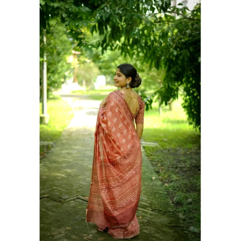 Generic Women's Cotton Printed Saree With Unstitched Blouse (Orange, 5.5 Mtr) - Image 2