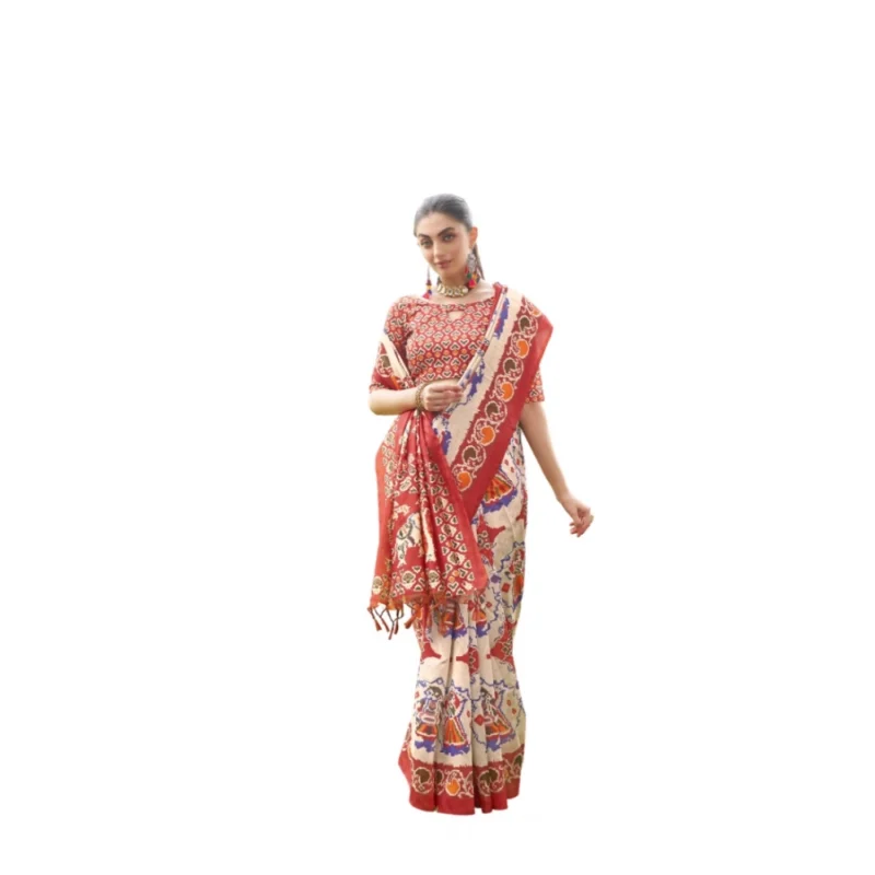 Generic Women's Tussar Silk Printed Saree With Unstitched Blouse (Maroon, 5.5 Mtr)