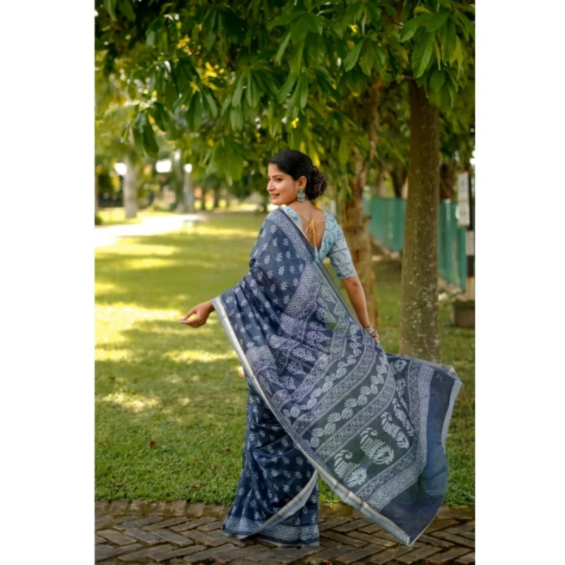 Generic Women's Cotton Printed Saree With Unstitched Blouse (Blue, 5.5 Mtr) - Image 3