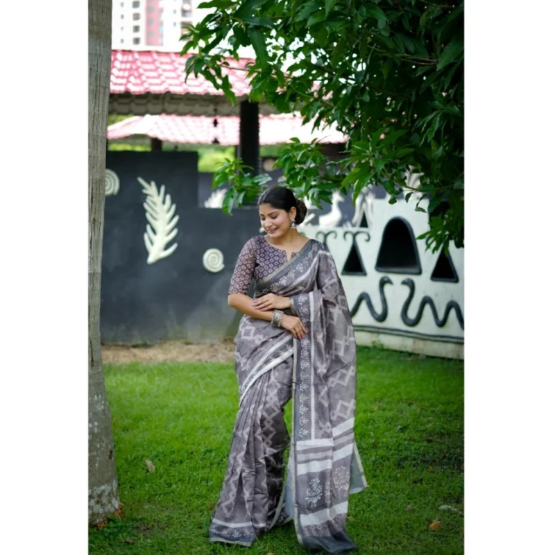 Generic Women's Cotton Printed Saree With Unstitched Blouse (Grey, 5.5 Mtr) - Image 2