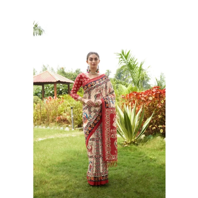 Generic Women's Tussar Silk Printed Saree With Unstitched Blouse (Maroon, 5.5 Mtr) - Image 2