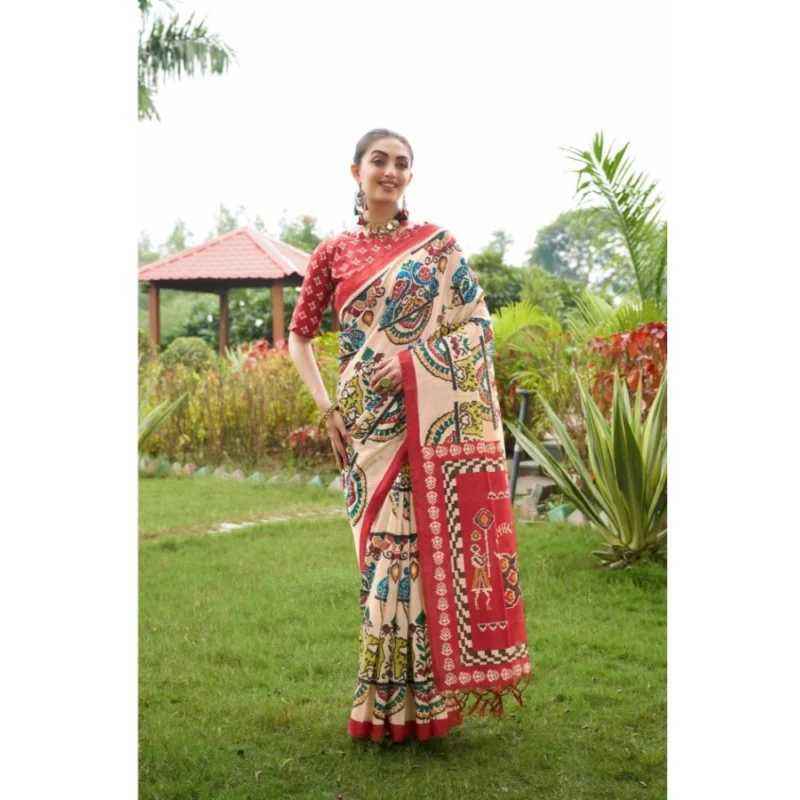 Generic Women's Tussar Silk Printed Saree With Unstitched Blouse (Maroon, 5.5 Mtr) - Image 2