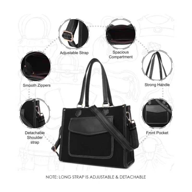 Generic Women's Canvas Medium Top handle Satchel Zipper Handbag (Black) - Image 3