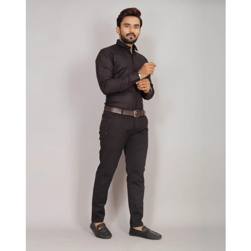 Generic Men's Casual Cotton Solid Full Sleeve Shirt (Black) - Image 3