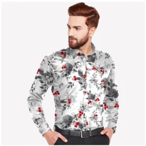 Generic Men's Casual Viscose Rayon Floral Print Full Sleeve Collar Shirt (Black)