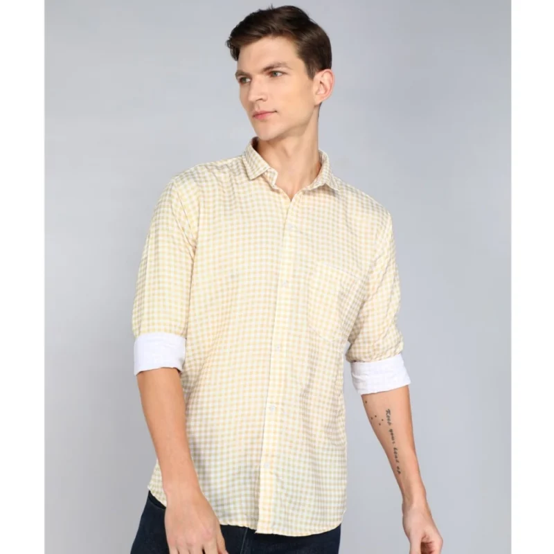 Generic Men's Casual Viscose Rayon Checkered Full Sleeve Collar Shirt (Brown-White)