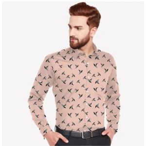 Generic Men's Casual Viscose Rayon Printed Full Sleeve Collar Shirt (Beige)