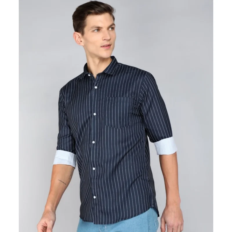 Generic Men's Casual Viscose Rayon Striped Full Sleeve Collar Shirt (Light Blue) - Image 3