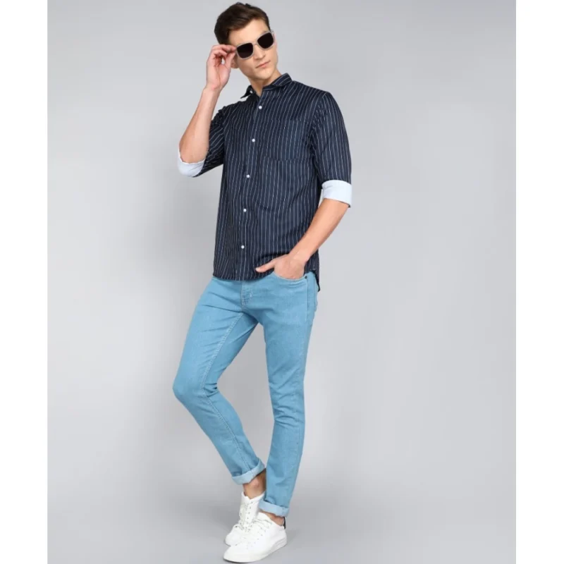 Generic Men's Casual Viscose Rayon Striped Full Sleeve Collar Shirt (Light Blue) - Image 4