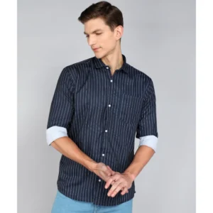 Generic Men's Casual Viscose Rayon Striped Full Sleeve Collar Shirt (Light Blue)