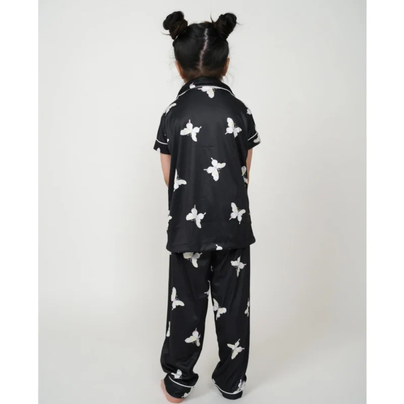Generic Girl's Silk Bleand Printed Short Sleeve Night Suit Set (Black) - Image 4