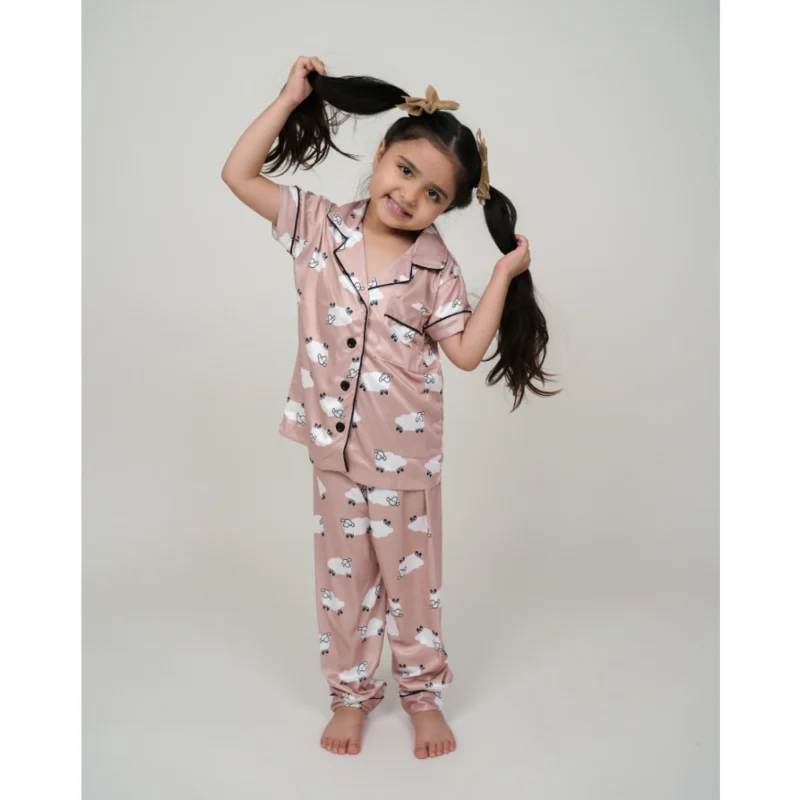 Generic Girl's Silk Bleand Printed Short Sleeve Night Suit Set (Brown) - Image 3