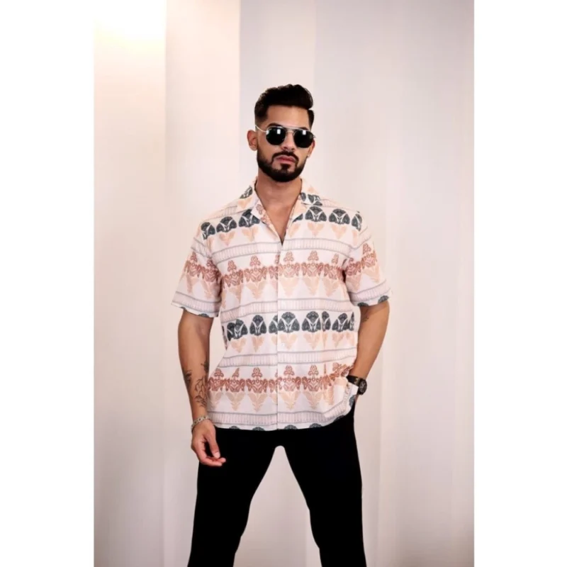 Generic Men's Linen Printed Half Sleeve Shirt (Cream Orange)