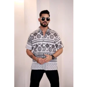 Generic Men's Linen Printed Half Sleeve Shirt (Black White)