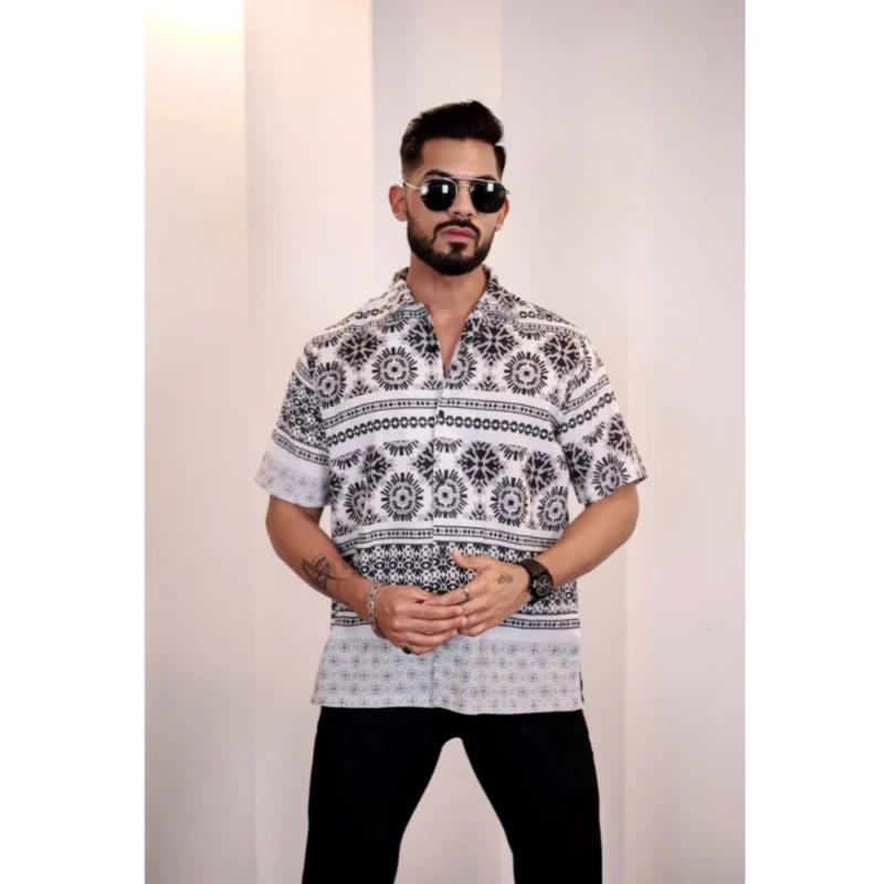 Generic Men's Linen Printed Half Sleeve Shirt (Black White)