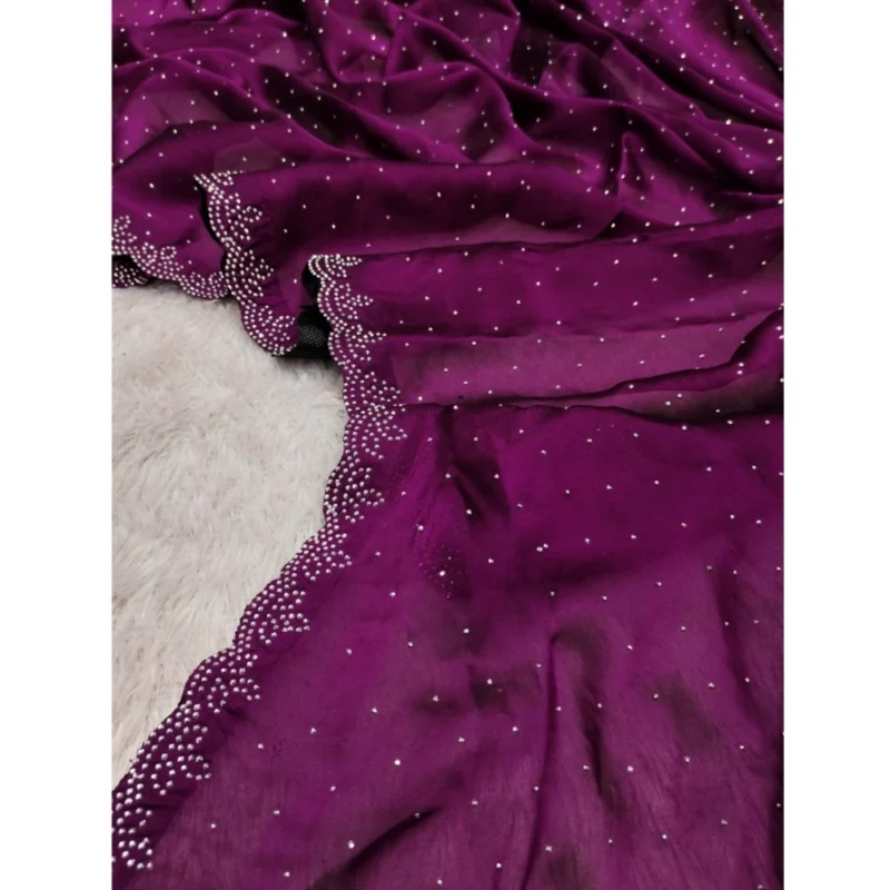Generic Women's Georgette Satin Silk Saree With Unstitched Blouse 5.5Mtr (Wine) - Image 3