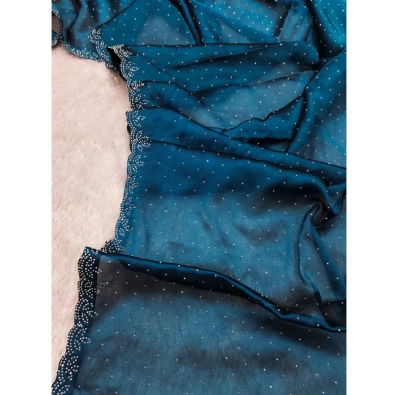 Generic Women's Georgette Satin Silk Saree With Unstitched Blouse 5.5Mtr (Blue) - Image 3