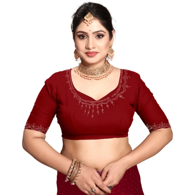 Generic Women's Georgette Satin Silk Saree With Unstitched Blouse 5.5Mtr (Red) - Image 4