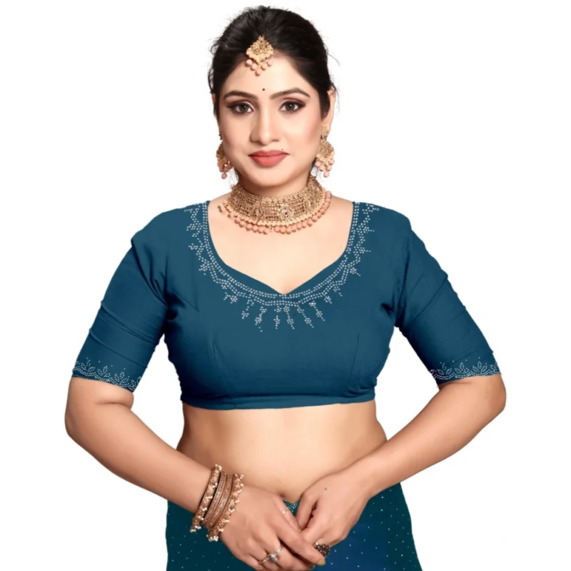 Generic Women's Georgette Satin Silk Saree With Unstitched Blouse 5.5Mtr (Blue) - Image 4