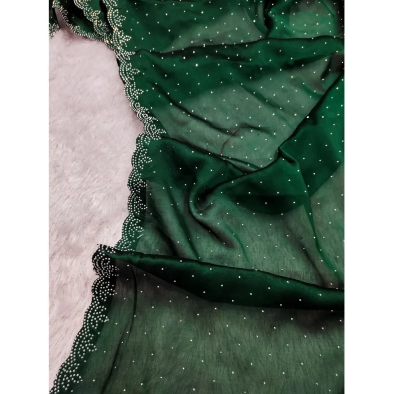 Generic Women's Georgette Satin Silk Saree With Unstitched Blouse 5.5Mtr (Green) - Image 3