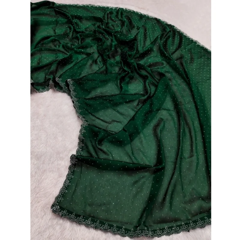 Generic Women's Georgette Satin Silk Saree With Unstitched Blouse 5.5Mtr (Green) - Image 2