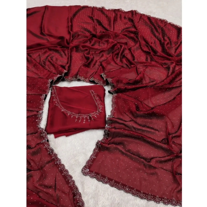 Generic Women's Georgette Satin Silk Saree With Unstitched Blouse 5.5Mtr (Red) - Image 2