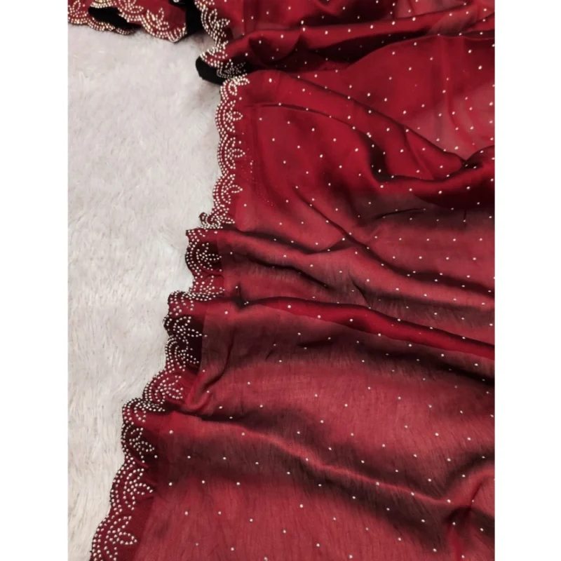 Generic Women's Georgette Satin Silk Saree With Unstitched Blouse 5.5Mtr (Red) - Image 3