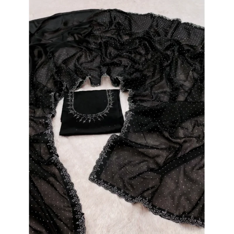 Generic Women's Georgette Satin Silk Saree With Unstitched Blouse 5.5Mtr (Black) - Image 3
