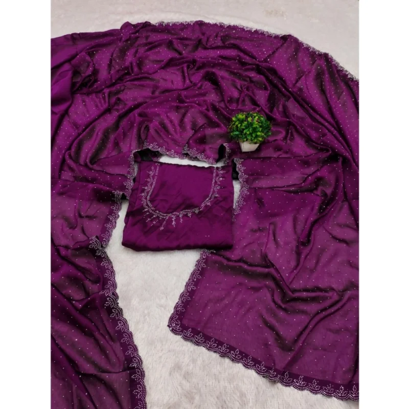 Generic Women's Georgette Satin Silk Saree With Unstitched Blouse 5.5Mtr (Wine) - Image 2