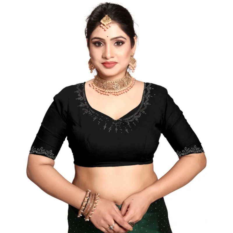 Generic Women's Georgette Satin Silk Saree With Unstitched Blouse 5.5Mtr (Black) - Image 4