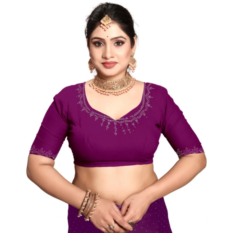 Generic Women's Georgette Satin Silk Saree With Unstitched Blouse 5.5Mtr (Wine) - Image 4