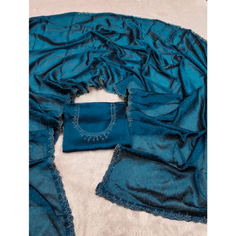 Generic Women's Georgette Satin Silk Saree With Unstitched Blouse 5.5Mtr (Blue) - Image 2