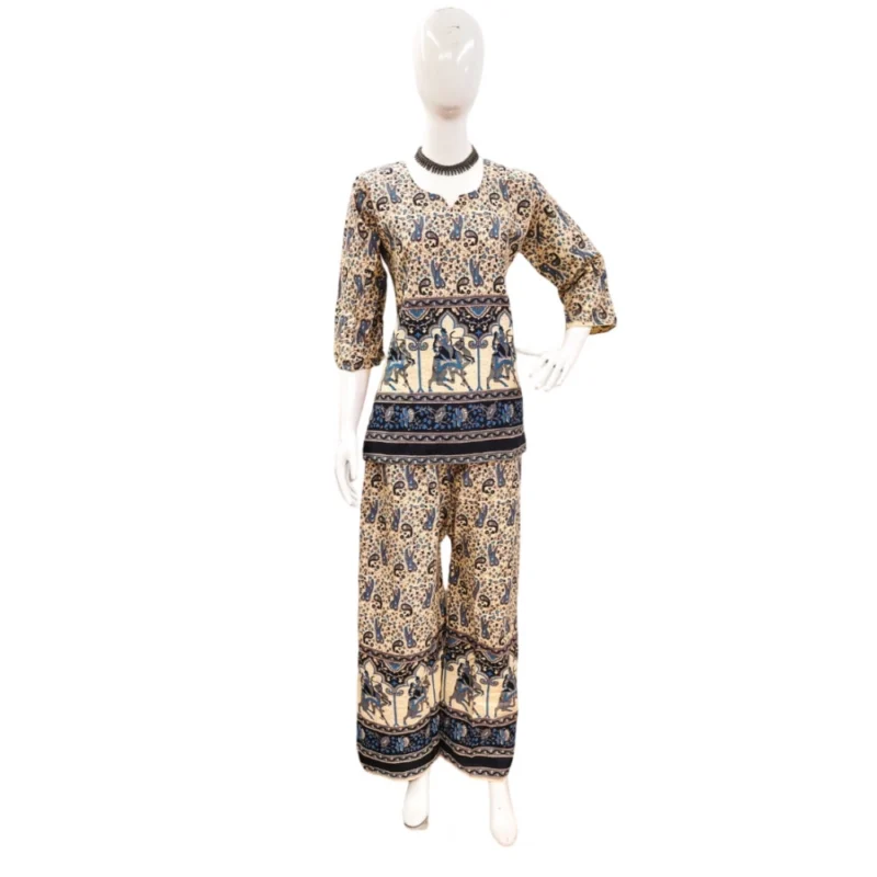 Generic Women's Cotton Jaipuri Printed 3-4th Sleeve Co ord Set (Multicolor)
