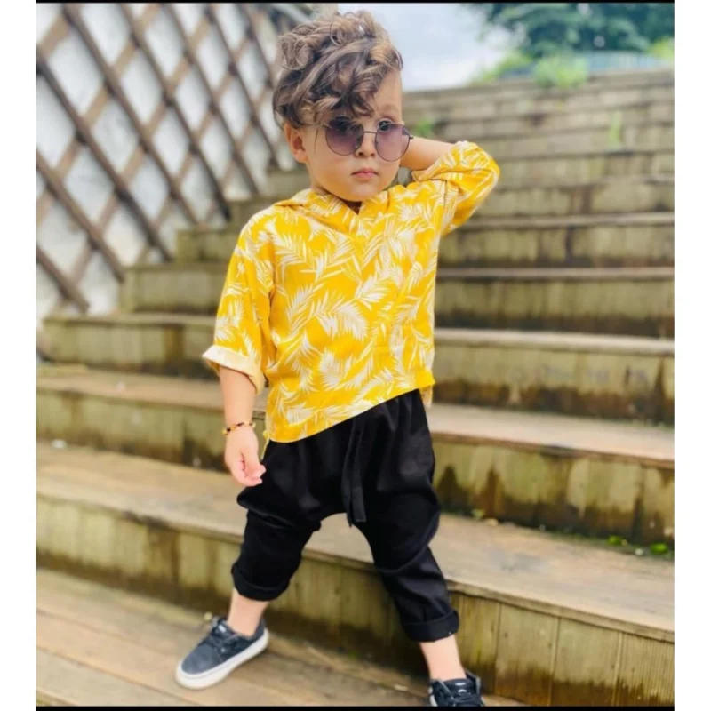 Generic Kid's Lycra Printed Casual wear Shirt And Shorts Set (Yellow) - Image 3